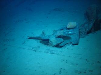 Stbd anchor embedded in steel plate from ship's side in debris field